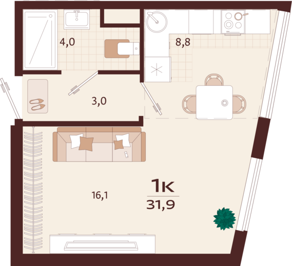 1-комнатная квартира №3 31,9 м2 от застройщика ГК ТОЧНО
