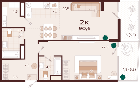 2-комнатная квартира №31 90,6 м2 от застройщика ГК ТОЧНО