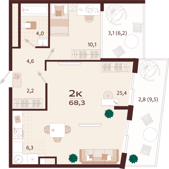 2-комнатная квартира №32 68,3 м2 от застройщика ГК ТОЧНО
