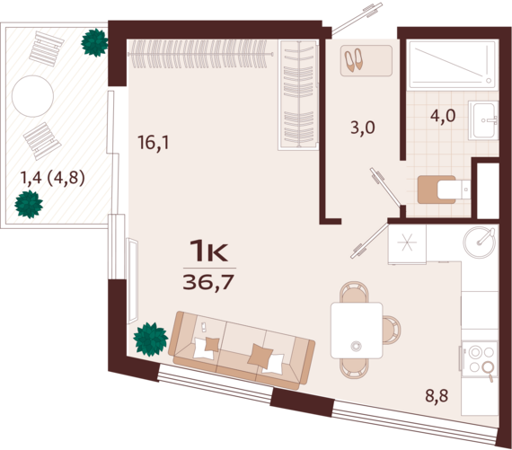 1-комнатная квартира №33 36,7 м2 от застройщика ГК ТОЧНО