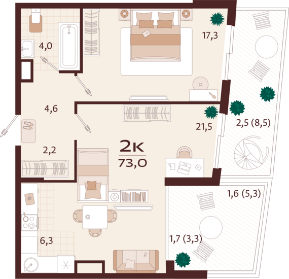2-комнатная квартира №37 73 м2 от застройщика ГК ТОЧНО