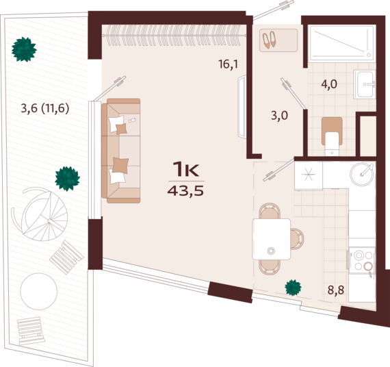 1-комнатная квартира №38 43,5 м2 от застройщика ГК ТОЧНО