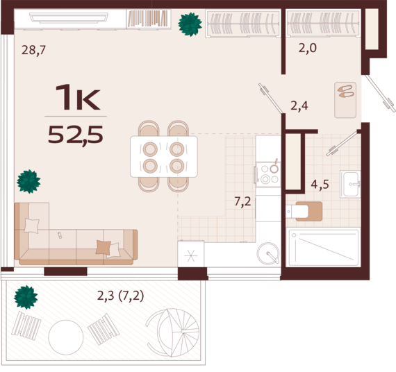 1-комнатная квартира №4 52,5 м2 от застройщика ГК ТОЧНО