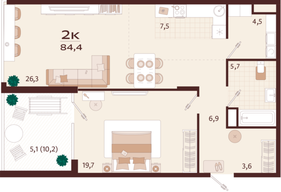 2-комнатная квартира №5 84,4 м2 от застройщика ГК ТОЧНО