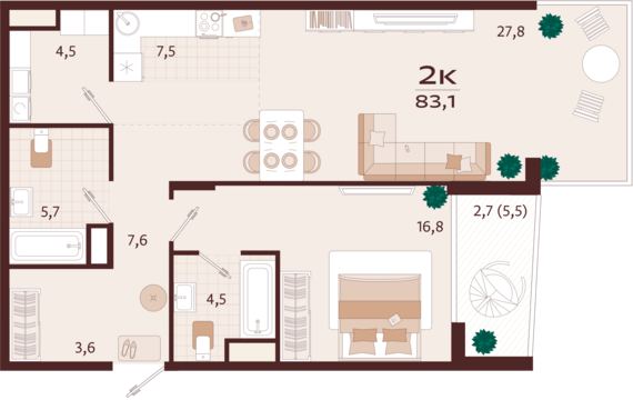 2-комнатная квартира №6 83,1 м2 от застройщика ГК ТОЧНО