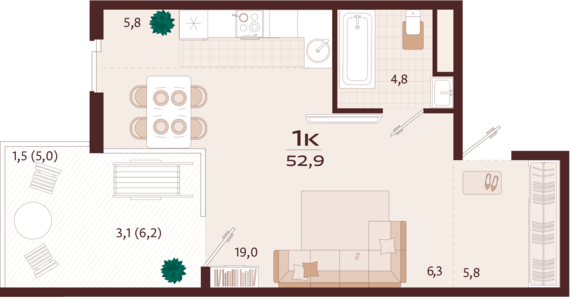 1-комнатная квартира №39 52,9 м2 от застройщика ГК ТОЧНО