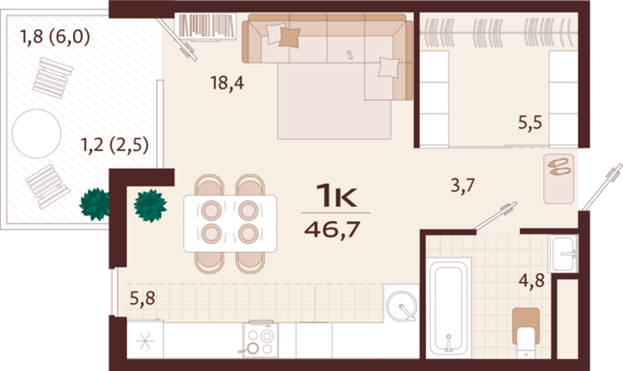 1-комнатная квартира №40 46,7 м2 от застройщика ГК ТОЧНО