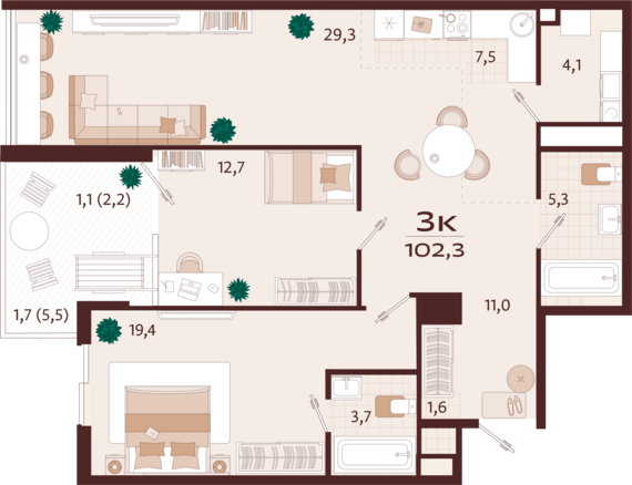 3-комнатная квартира №41 102,3 м2 от застройщика ГК ТОЧНО