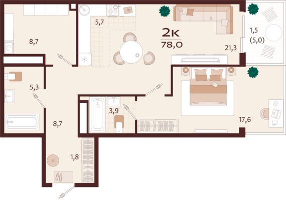 2-комнатная квартира №42 78 м2 от застройщика ГК ТОЧНО