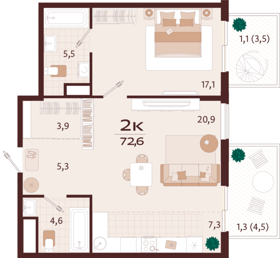2-комнатная квартира №43 72,6 м2 от застройщика ГК ТОЧНО