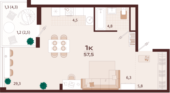 1-комнатная квартира №45 57,5 м2 от застройщика ГК ТОЧНО
