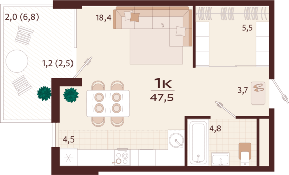 1-комнатная квартира №46 47,5 м2 от застройщика ГК ТОЧНО