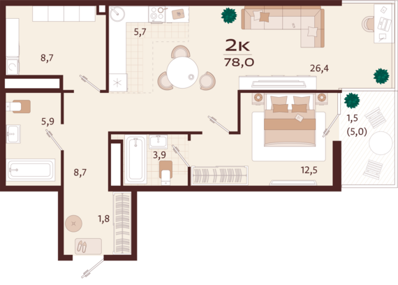 2-комнатная квартира №48 78 м2 от застройщика ГК ТОЧНО