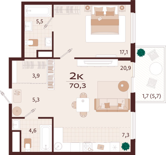 2-комнатная квартира №49 70,3 м2 от застройщика ГК ТОЧНО