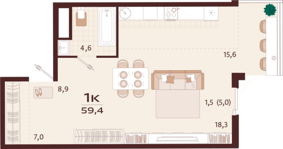 1-комнатная квартира №56 59,4 м2 от застройщика ГК ТОЧНО