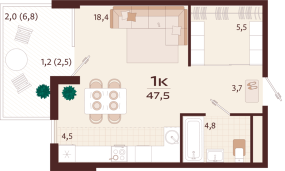 1-комнатная квартира №58 47,5 м2 от застройщика ГК ТОЧНО