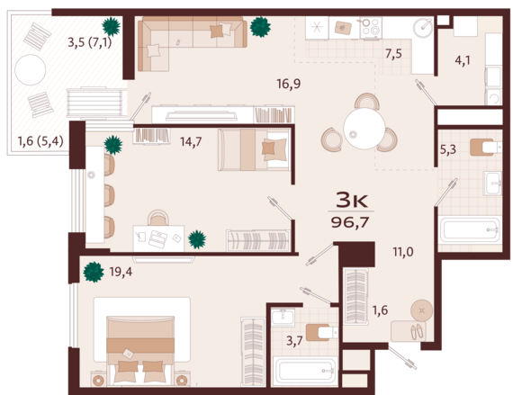 3-комнатная квартира №59 96,7 м2 от застройщика ГК ТОЧНО