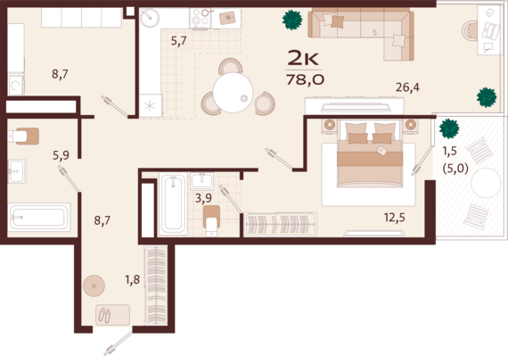 2-комнатная квартира №60 78 м2 от застройщика ГК ТОЧНО