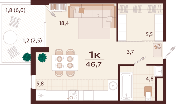 1-комнатная квартира №64 46,7 м2 от застройщика ГК ТОЧНО