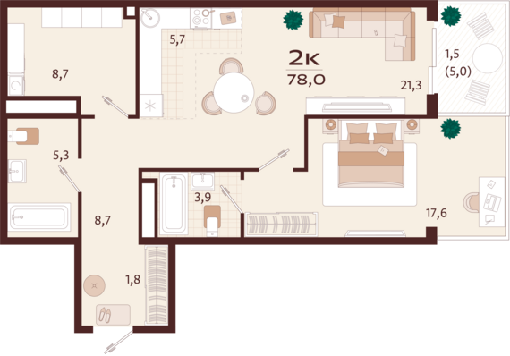 2-комнатная квартира №66 78 м2 от застройщика ГК ТОЧНО
