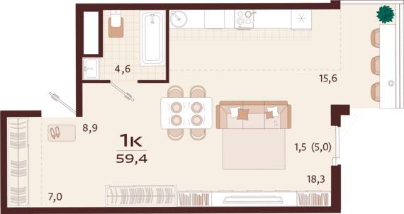 1-комнатная квартира №68 59,4 м2 от застройщика ГК ТОЧНО
