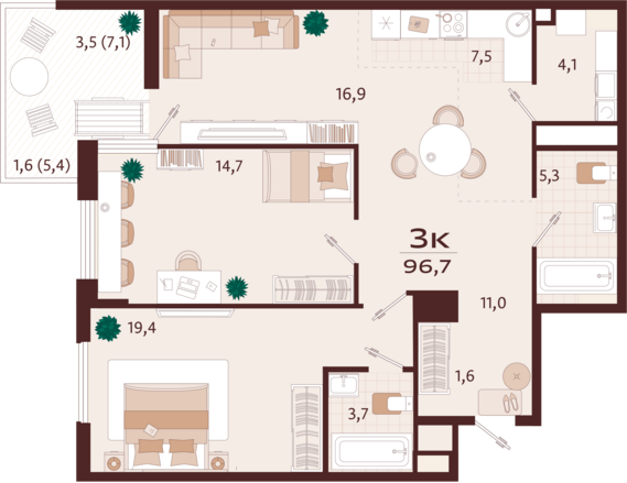 3-комнатная квартира №71 96,7 м2 от застройщика ГК ТОЧНО