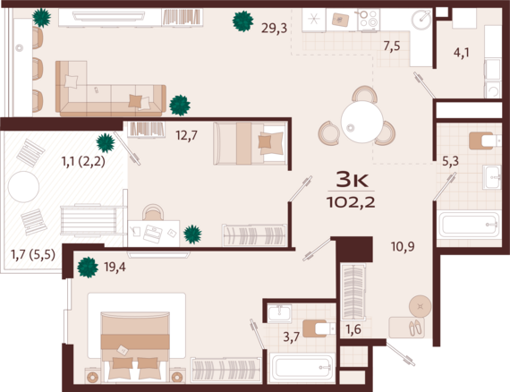3-комнатная квартира №77 102,3 м2 от застройщика ГК ТОЧНО