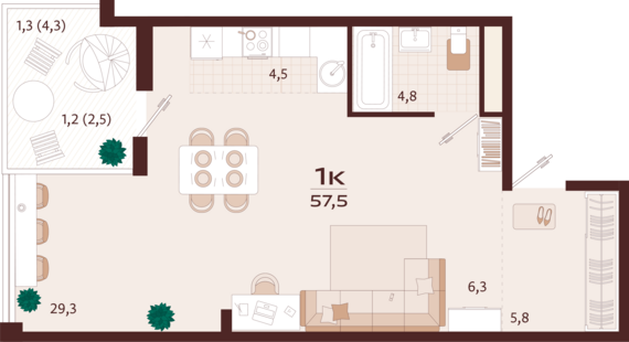 1-комнатная квартира №81 57,5 м2 от застройщика ГК ТОЧНО