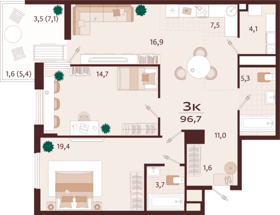 3-комнатная квартира №83 96,7 м2 от застройщика ГК ТОЧНО