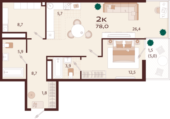 2-комнатная квартира №84 78 м2 от застройщика ГК ТОЧНО