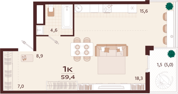 1-комнатная квартира №104 59,4 м2 от застройщика ГК ТОЧНО