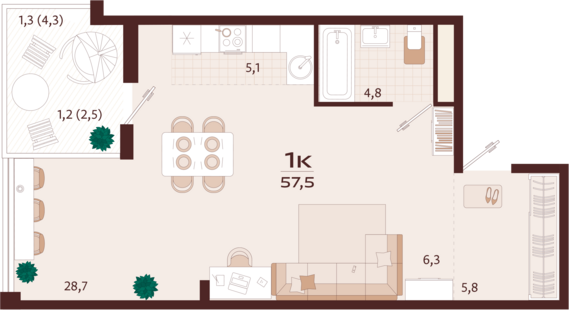 1-комнатная квартира №105 57,5 м2 от застройщика ГК ТОЧНО