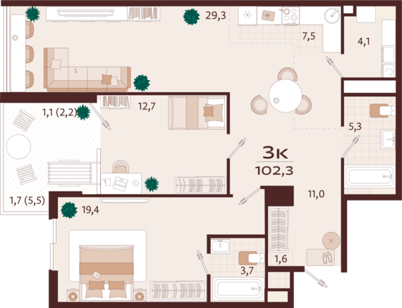 3-комнатная квартира №113 102,3 м2 от застройщика ГК ТОЧНО