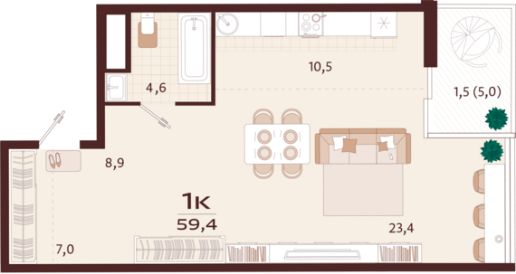 1-комнатная квартира №122 59,4 м2 от застройщика ГК ТОЧНО