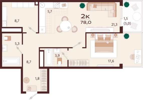 2-комнатная квартира №126 78 м2 от застройщика ГК ТОЧНО