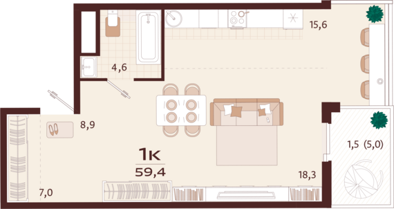 1-комнатная квартира №128 59,4 м2 от застройщика ГК ТОЧНО