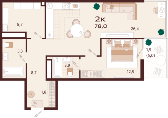 2-комнатная квартира №132 78 м2 от застройщика ГК ТОЧНО
