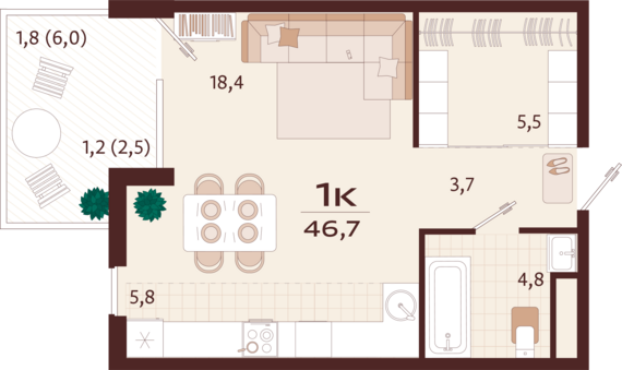 1-комнатная квартира №88 46,7 м2 от застройщика ГК ТОЧНО