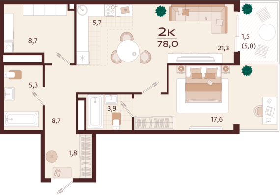 2-комнатная квартира №90 78 м2 от застройщика ГК ТОЧНО