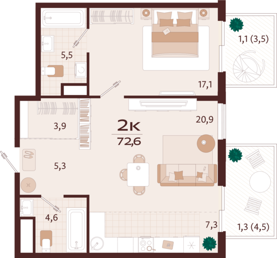 2-комнатная квартира №91 72,6 м2 от застройщика ГК ТОЧНО