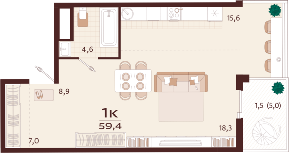 1-комнатная квартира №92 59,4 м2 от застройщика ГК ТОЧНО
