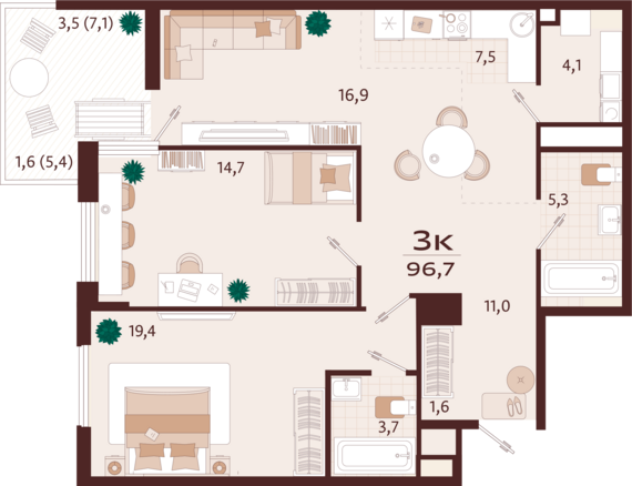 3-комнатная квартира №95 96,7 м2 от застройщика ГК ТОЧНО