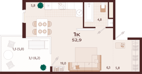 1-комнатная квартира №99 52,9 м2 от застройщика ГК ТОЧНО