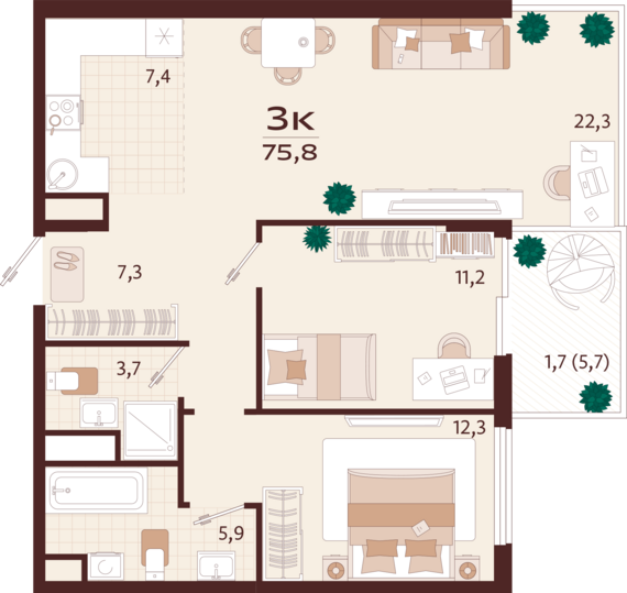 3-комнатная квартира №135 75,8 м2 от застройщика ГК ТОЧНО