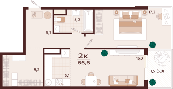 2-комнатная квартира №136 66,6 м2 от застройщика ГК ТОЧНО