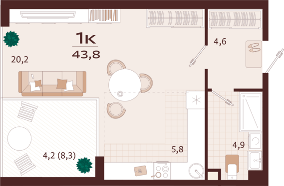 1-комнатная квартира №138 43,8 м2 от застройщика ГК ТОЧНО