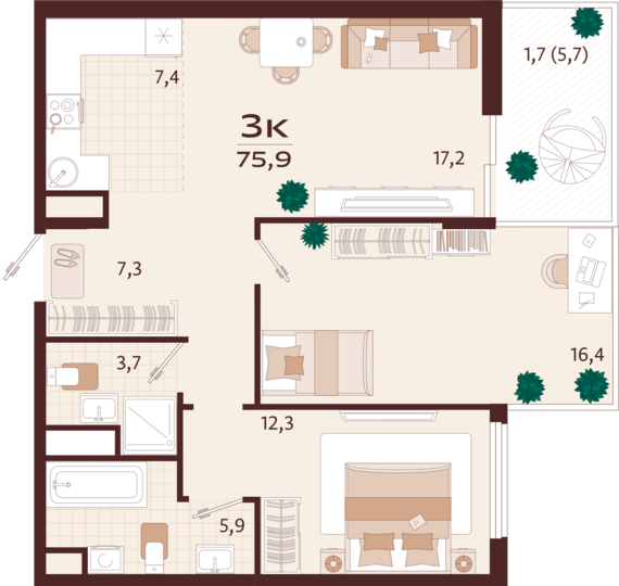 3-комнатная квартира №139 75,9 м2 от застройщика ГК ТОЧНО
