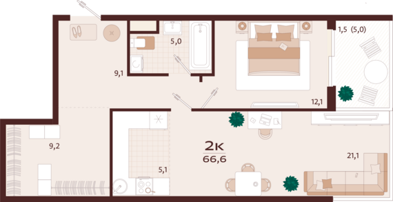 2-комнатная квартира №140 66,6 м2 от застройщика ГК ТОЧНО