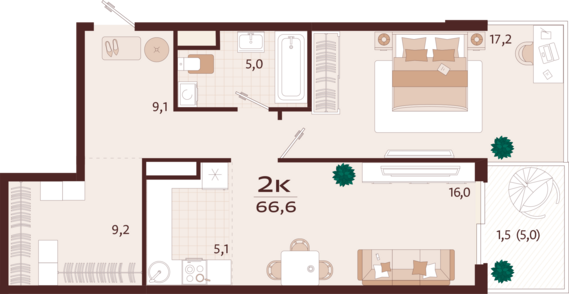 2-комнатная квартира №144 66,6 м2 от застройщика ГК ТОЧНО