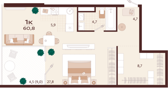1-комнатная квартира №145 60,8 м2 от застройщика ГК ТОЧНО